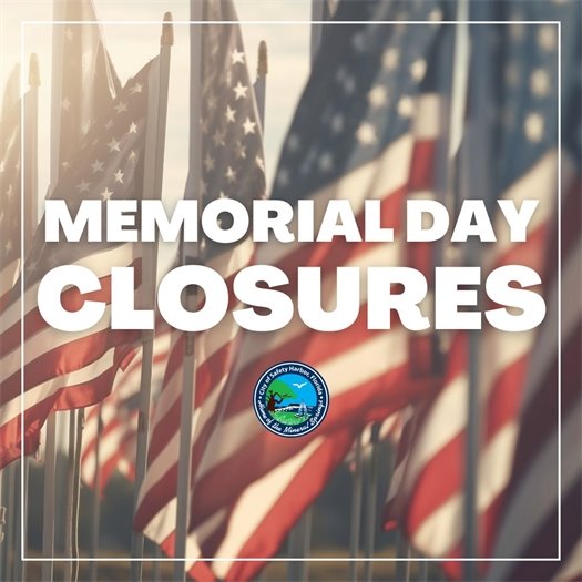 Multiple American Flags close up overlaid with text that says Memorial Day Closures 