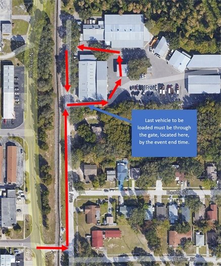 Sandbag directions for entering and leaving Public Works Complex