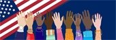 A variety of illustrated human arms/hands against a U.S. flag background