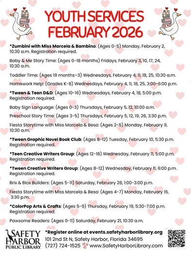 Youth Programs Calendar February 2026 Back
