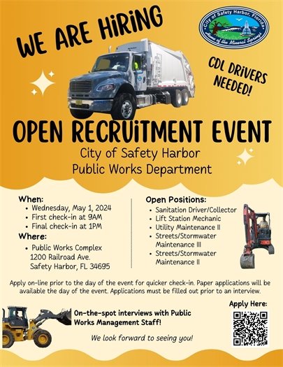 Public Works Open Recruitment Event May 1, 2024, 9:00 AM to 1:00 PM at Safety Harbor Public Works Complex