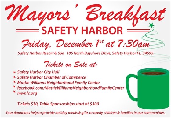 Mayors' Breakfast Friday, December, 1, 2023 at 7:30 AM at the Safety Harbor Spa. Individual Tickets are $30.