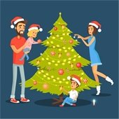 Family decorating Christmas tree