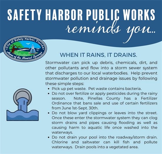 When it rains, it drains. Stormwater can pick up debris, chemicals, dirt, and other pollutants and flow into a storm sewer system that discharges to our local waterbodies. Help prevent stormwater pollution and drainage issues by picking up pet waste, not fertilizing in the summer, not blowing grass clippings into storm drains, and not draining pools into storm drains.