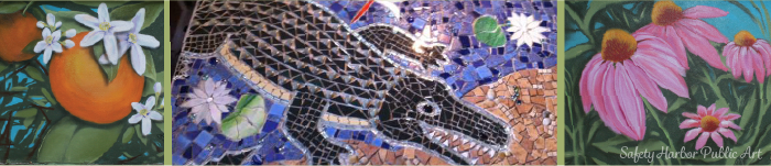 Painting of orange blossoms, mosaics of alligator, painting of wildflowers